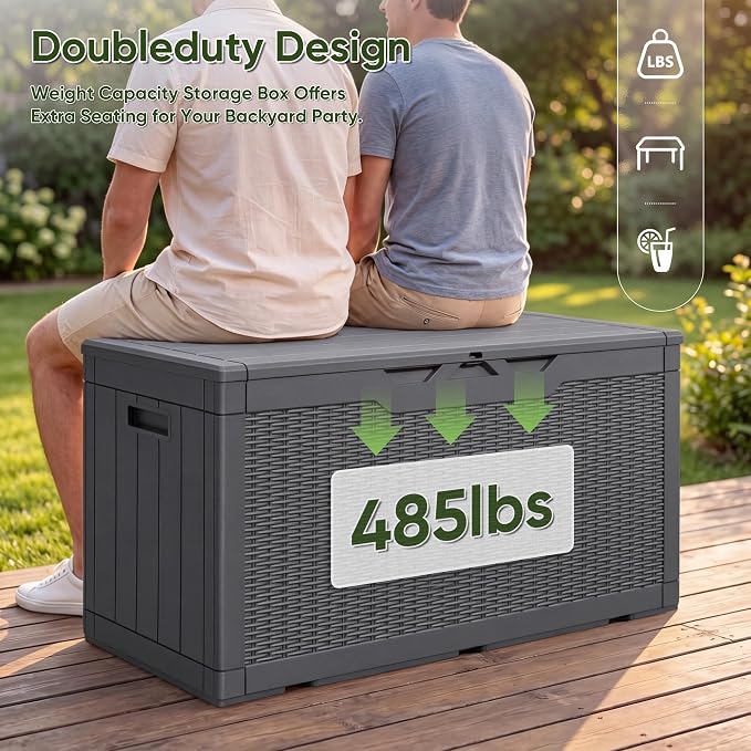 Flamaker Outdoor Storage Box 100 Gallon Waterproof Resin Deck Box Delivery Box with Air Rod Indoor Outdoor Lockable Storage Bench for Patio Cushions, Tools, Pool Accessories (Gray)