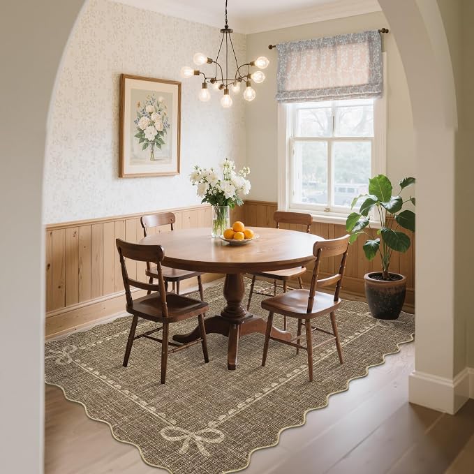 COZYLOOM Scalloped Rugs for Living Room 5x7 Bow Washable Area Rugs, Brown | Rubber Backing Non Shedding Low Pile Bordered Stain Resistant Soft Mats for Nursery Dining Room Bedroom