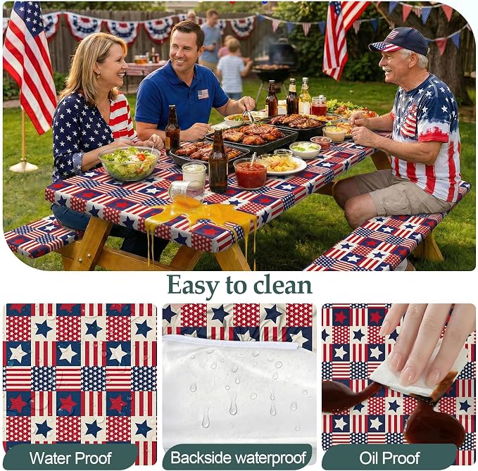 Play Tailor Picnic Table Cover with Bench Covers Camping Essentials Waterproof Windproof Camping Tablecloth with Drawstring Bag, Fitted Rectangle Tables and Seats, 72in, Red Blue Checkered