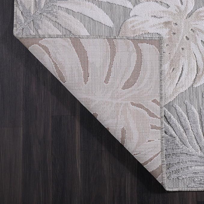 CAMILSON Indoor Outdoor Rug, Beige 9’x12’ Leaf Tropical Botanical Area Rugs for Indoor and Outdoor patios, Easy-Cleaning Non-Shedding Living Room, Garden and Kitchen Washable Outside Carpet (9x12)