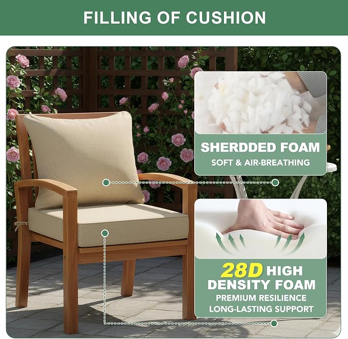 Summsun Outdoor Chair Cushions 24 x 24 Inch, Faux Linen Patio Furniture Cushions, Water Resistant Backrest and Deep Seat Cushion Set with Ties, Removable Cover, Non-Slip Bottom, Nature