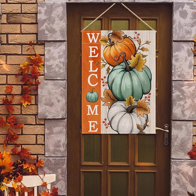 Welcome Fall Pumpkins Decorative House Flag, Autumn White Teal Pumpkin Farmhouse Garden Yard Outside Decorations, Thanksgiving Seasonal Burlap Outdoor Large Home Decor Double Sided 28 x 40