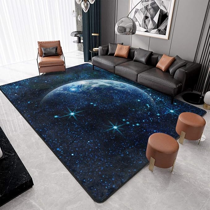 9CH Galaxy Rug for Kids Bedroom, Dark Blue Space Rug with Starry Sky Design, Soft Washable Celestial Moon Carpet for Boys Girls Playroom Living Room 5' X 7'