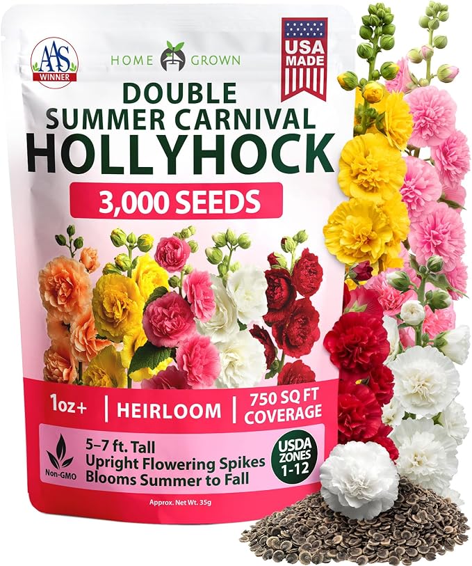 HOME GROWN Hollyhock Summer Carnival Mix Flower Seeds – Alcea Rosea, Premium Annual Flower Seeds, 3000 Seeds for Planting Flowers, High-Germination Flower Seed Bulk Pack