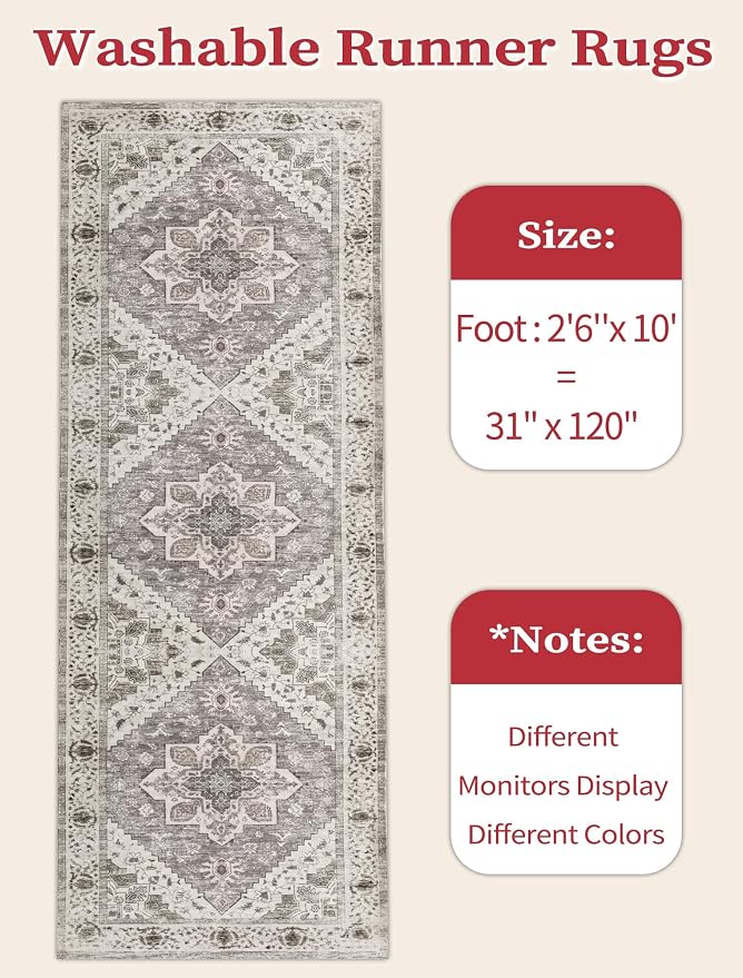 SERISSA 2'6"x10' Washable Non Slip Boho Runner Rug for Hallway，Earth Tone | Ultra Soft Vintage Oriental Carpet Low-Pile Tribal Floor Carpet for Kitchen Bedroom Bathroom Laundry Room