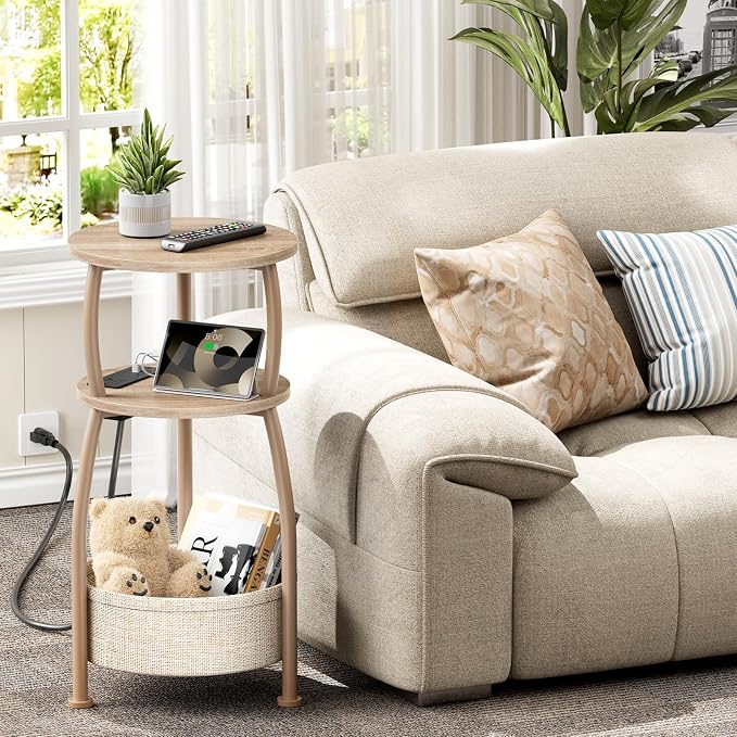 Side Table with Charging Station, Small Round End Table with Basket, USB and Type C Port, 3 Tiers Sofa Couch Table Bedside Table for Living Room Bedroom, Small Spaces, 11.81in Light Oak