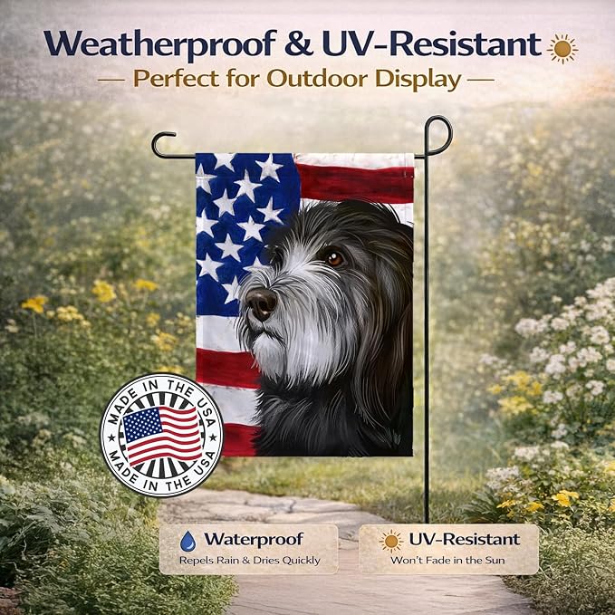 Caroline's Treasures CK6480GF Catalan Sheepdog Dog American Flag Garden Flag Mailbox Flag Decorative Yard Flag Banner Outside Patio Artwork Yard Flower Beds, Garden Size, Multicolor
