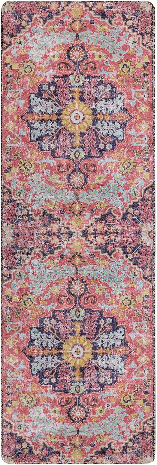 Lahome Reine Bohemian Floral Medallion Runner Rug, 2x6 Pink Hallway Runner Laundry Mat, Machine Washable Non-Slip Soft Indoor Carpet for Bathroom Bedside Basement Camper Home Decor, Fuchsia/Multi