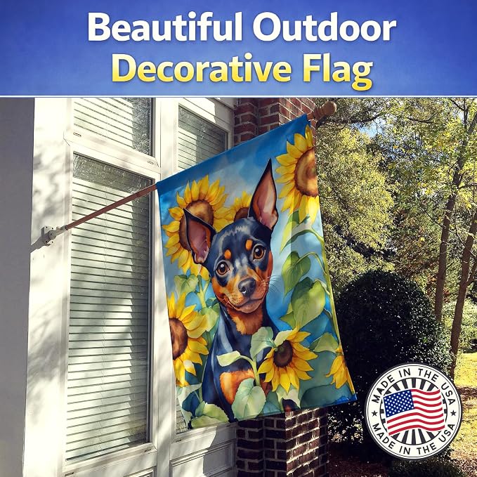 Caroline's Treasures DAC6121CHF Miniature Pinscher in Sunflowers House Flag Large Porch Sleeve Pole Decorative Outside Yard Banner Artwork Wall Hanging, Polyester, House Size, Multicolor
