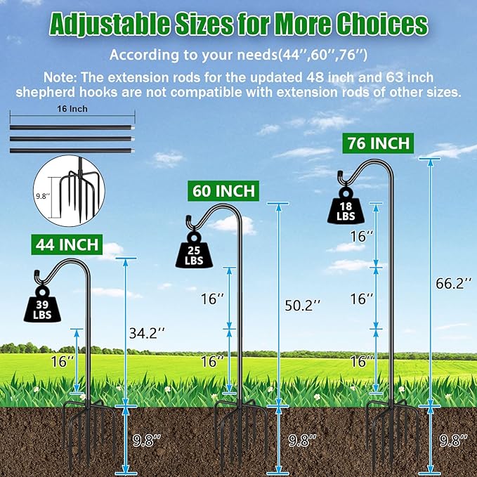 FEED GARDEN Sheperds Hooks for Outdoor Bird Feeder Pole 76 Inch Adjustable Tall Heavy Duty Shepherds Hooks for Hanging Plant Baskets, Solar Lights, Wedding Decor, Lanterns, Black (2 Pack)