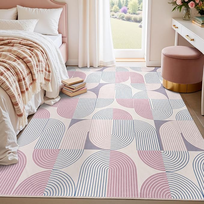 Washable Area Rugs for Bedroom Living Room 4x6 ft, Non-Slip Modern Rug | Stain Resistant, Low Pile, Soft Carpet Indoor Floor Boho Carpet for Kitchen Front Door Entrance Office Kids Room, Purple