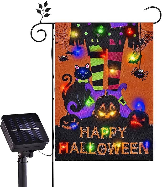Halloween Lighted Garden Flag,Solar Outdoor Decor Yard Flag,8 Modes Led Witch Feet Shape Flag,12x18 Double Sided Cauldron Eyeball Black Cat Decorations for Home Porch