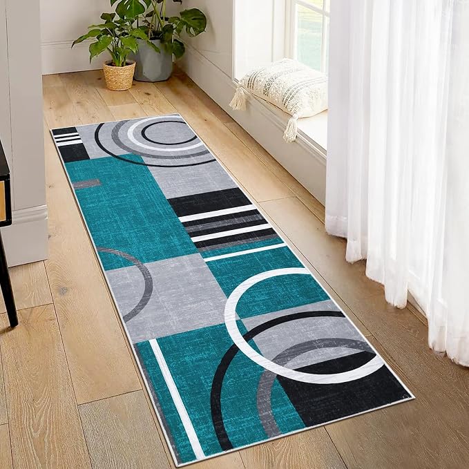 RUGSREAL Runner Rug 2x6 Modern Geometric Area Rug Non Slip Hallway Rugs | Contemporary Abstract Circles Rug CarpetLow Pile Indoor Floor Cover for Kitchen Bedroom