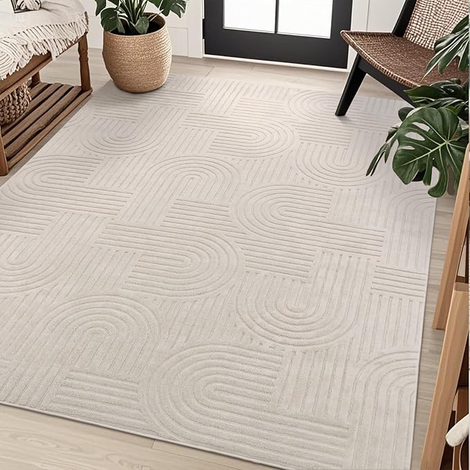 SHACOS Soft Cozy Fluffy Arch Pattern High-Low Pile Area Rugs 6'x9' Large Non Slip Washable Modern Geometric Rug Scandinavian Minimalist Carpet for Living Room Bedroom Dining Room, Beige