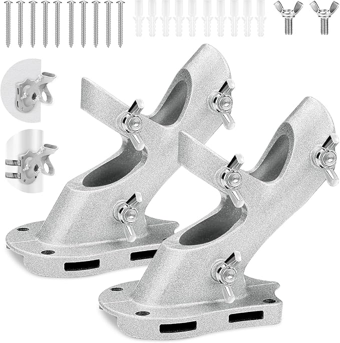 Flag Pole Holder for Outside House, REERON 2-Positions Metal Flagpole Brackets Mount, 1" Aluminium Rustproof Flag Pole Wall Porch Mounting Bracket with 3 Fixed Holes & Steel Hardwares (Silver-2 Pack)