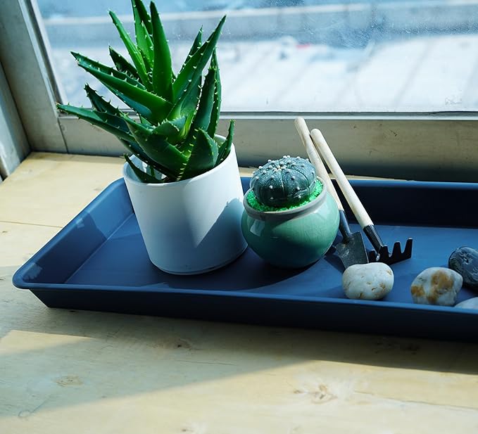 VUWEZ 2 Pack Plastic Plant Trays - Rectangular 30 inch, Indoor/Outdoor Plant Water Drip Trays for Flower Pot Planter, Windowsill (8 X 30'', Blue)