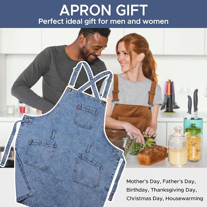 Denim Chef Apron for Women with Pockets, Jean Waitress Server Kitchen Apron for Men Cooking Gardening Painting