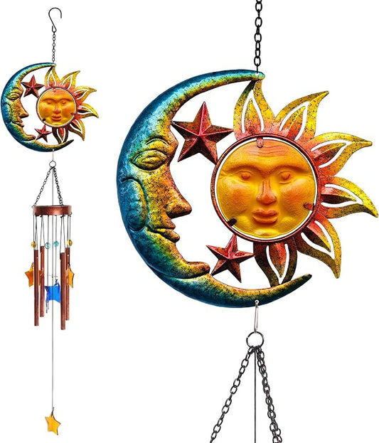 Sun Moon Star Wind Chime for Outside Decoration, with Star Shape Suncatcher | BVLFOOK; Aluminium Tubes; Wind Chimes; Hanging for Porch Patio Balcony Décor; 37 Inch; indoor & outdoor