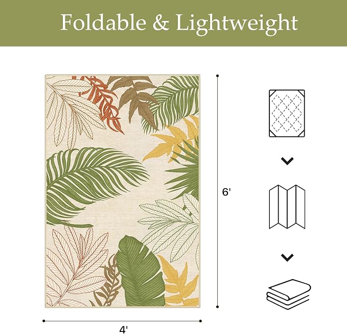 GENIMO Outdoor & Indoor Area Rug 4'x6', Waterproof, Non-Shedding, Easy Cleaning, Leaf Mat for Patio, Living Room, Balcony, Dining Room, RV, Deck, Bedroom, Camping, Outside Carpet, Olive Mustard
