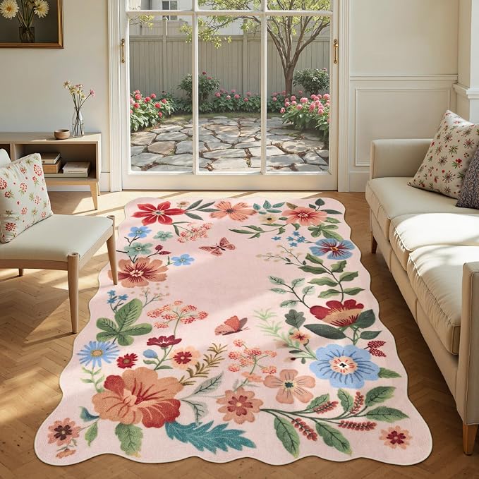 Lahome Floral Washable Rugs, 4X6 Pink Rugs for Bedroom Girls Living Room | Ultra-Thin Soft Non-Slip Stain Resistant Boho Throw Carpet for Nursery Office Flore, Light Pink