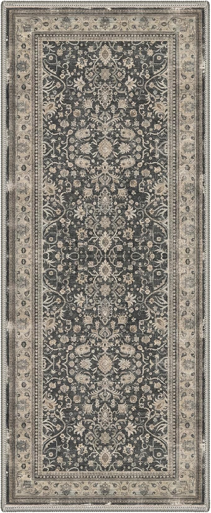 2X5 Washable Hallway Runner Rug, Boho Oriental Floral Non Slip | Dusty Charcoal Floral Runner, Soft Faux Wool Rug for Corridor Kitchen Entryway,Stain Resistant,Pet-Friendly,Non-Shedding