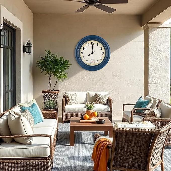 Outdoor Clock Waterproof with Thermometer Wall Clock for Patio Pool Bathroom Kitchen 18 Inch Blue