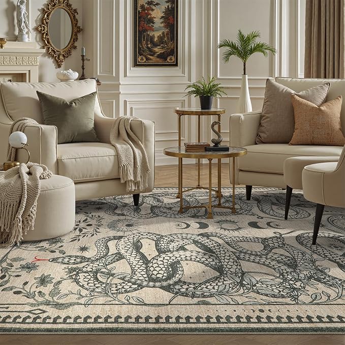 DCX 4x6 Washable Snake Rug for Living Room, Non Slip Low Pile Rug, Beige | Rugs for living rooms, bedroom, dining room, office, soft, gothic rug, sain resistant indoor carpet, home decor