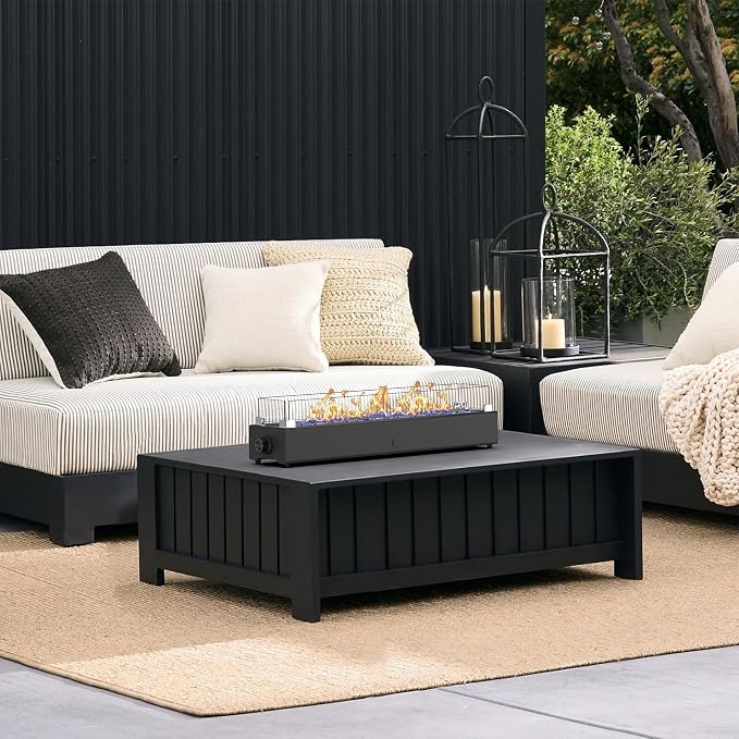 36-inch Table Top Propane Fire Pit, 40,000 BTU Tabletop Firepit for Patio, Outdoor Portable Rectangular Fire Bowl w/Wind Glass Shield, Glass Rocks - Black