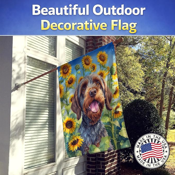 Caroline's Treasures DAC6177CHF Wirehaired Pointing Griffon in Sunflowers House Flag Large Porch Sleeve Pole Decorative Outside Yard Banner Artwork Wall Hanging, Polyester, House Size, Multicolor