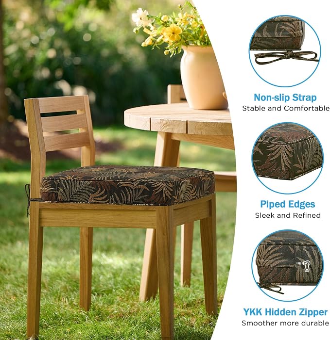 19 x 19 Inch Outdoor Chair Cushions with Tie Straps, Set of 4 Thick Water Repellent Square Patio Chair Pads for Garden Lawn Patio Furniture, Bamboo Leaf Jacquard