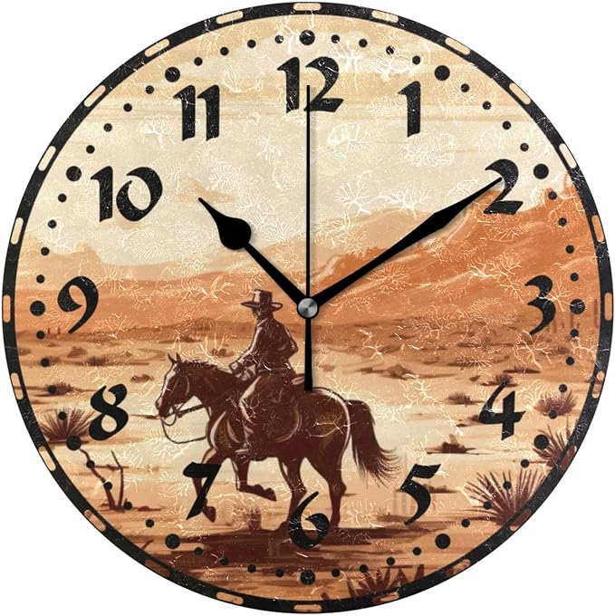 Vintage Western Cowboy Wall Clock, Silent Non Ticking 10 Inch Battery Operated Wall Clocks, Easy to Read Clock for Home Kitchen Living Room Bathroom Office Decor