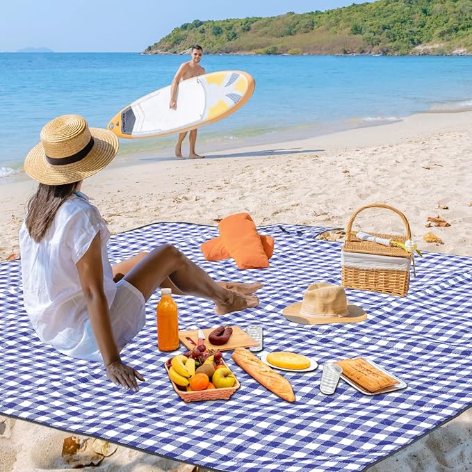 ZUBOND 80''x100'' Extra Large Picnic Beach Blankets Waterproof Sandproof Foldable, Machine Washable Simple Stylish Gingham Outdoor Blankets Grass Lawn Park for Family Camping Party