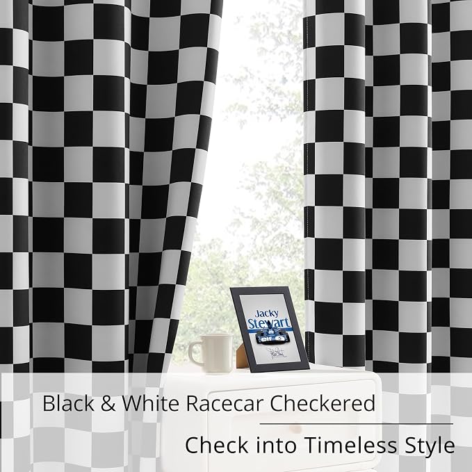 Rod Pocket & Back Tab Checkered Curtains, 100% Blackout, Race car Flag Checkerboard Curtains, Thermal Insulated, Noise Reducing, 3-inch Checkered, 2 Panels, Each W42×L36