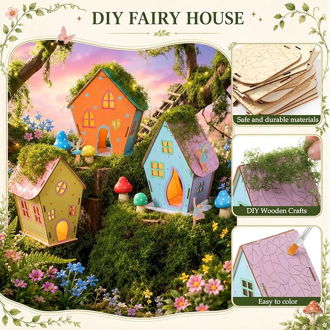 DoubleFill 12 Sets Wooden Fairy House Craft Kit for Kids - Classroom DIY Fairy Garden with Paints & Decorations - School Arts Crafts & Birthday Gift for Activity Party Decor (3 Mixed Lovely Styles)
