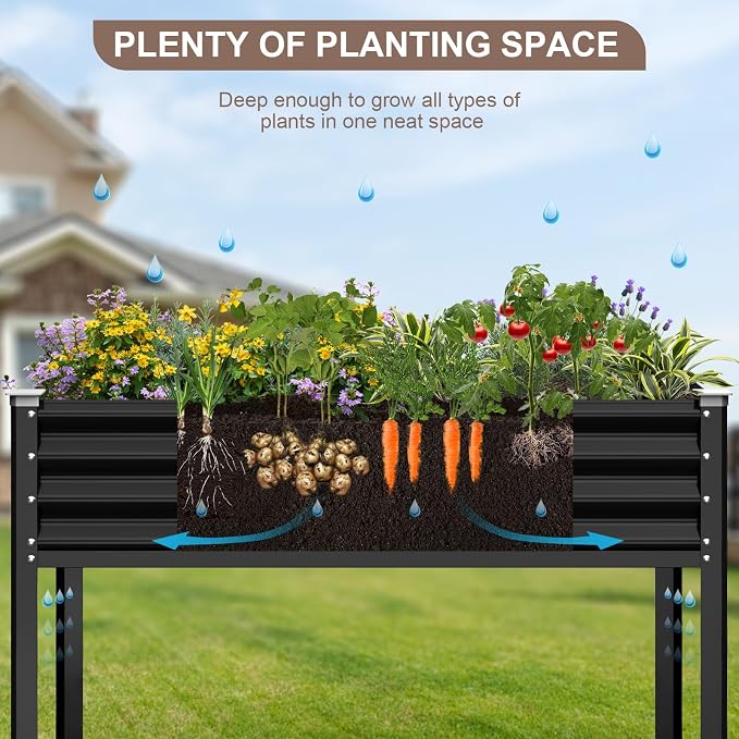 Raised Garden Bed with Legs, 48×24×32in Galvanized Raised Garden Beds Outdoor Elevated Metal Planter Box for Gardening Vegetables Flowers Herb-Black