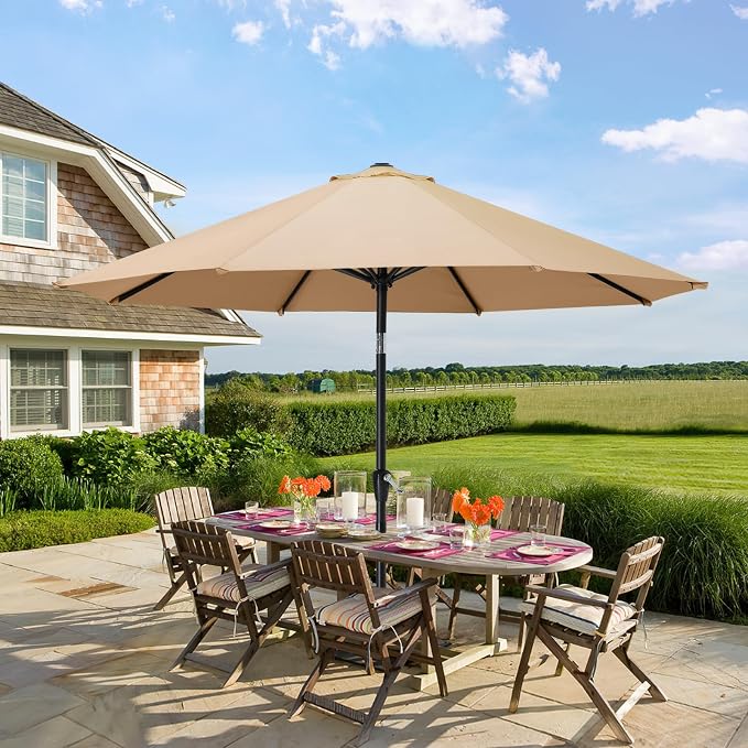 MASTERCANOPY 10FT Patio Umbrella with Push Button Tilt and Crank, Outdoor Market Umbrella with 8 Sturdy Ribs, UV Protection & Waterproof for Garden, Deck, Backyard, Pool (Khaki)