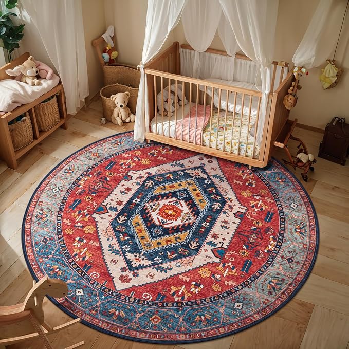 SERISSA 4ft Washable Non Slip Round Boho Area Rug for Bedroom，Rust | Ultra Soft Vintage Oriental Carpet Low-Pile Tribal Small Circular Indoor Mat for Entryway Kids Room College Dorm Living Room