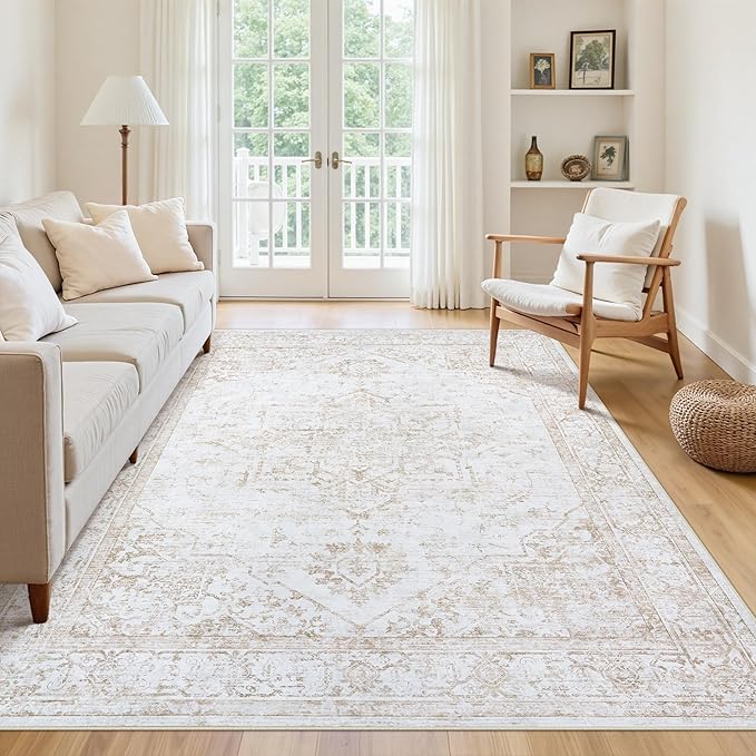 Area Rug 6x9 Living Room Rug Washable Beige Non-Slip Rugs | Vintage Medallion Rug，Soft Low Pile Large Rugs，Indoor Retro Carpet for Bedroom Nursery Dining Table Farmhouse Home Office