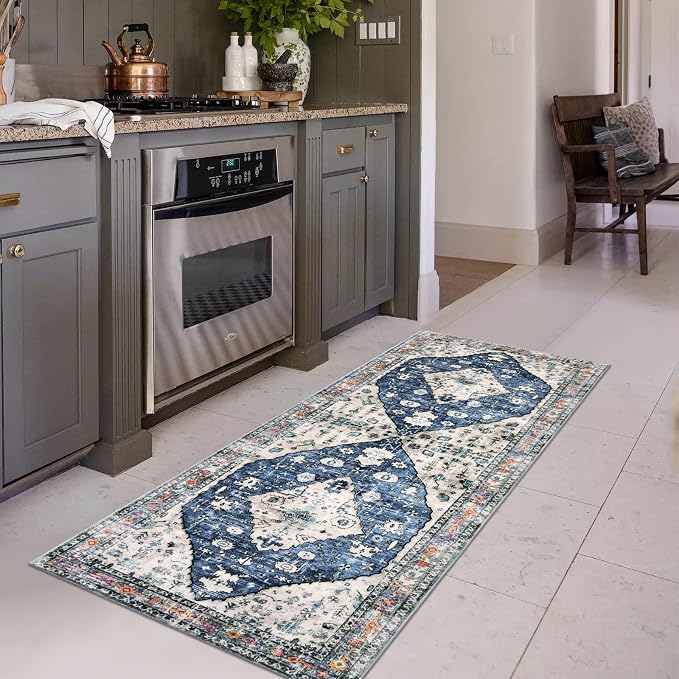 Lahome Felice Boho Tribal Runner Rug - 2x6 Kitchen Rug Runner for Living Room Entryway Mat, Turkish Soft Washable Non Slip Throw Office Carpet Runners for Bathroom Sunroom Mudroom Foyer, Blue