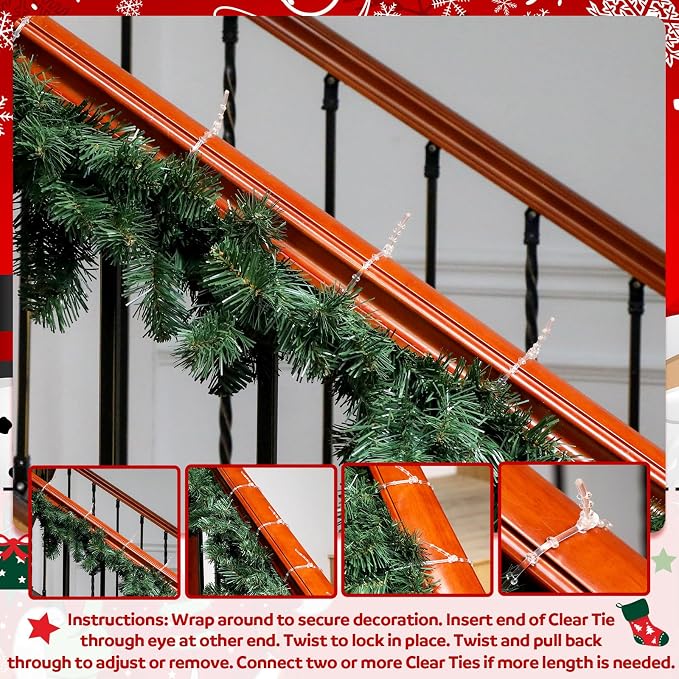 Cinnvoice 20pcs Christmas Garland Ties Clear Plastic Banister Garland Ties Decorative Reusable Soft Anti Scratch Garlands Hanger for Mantel Fences Home Xmas Holiday Craft Wrapping (8inch)