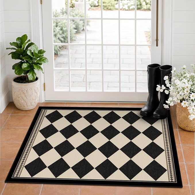 2x3 Elegant Farmhouse Checkered Entry Kitchen Rug, Vintage Diamond Front Door Mat, Non-Slip Washable Soft Easy Jute Area Rug, Non-Shedding Low Pile Carpet for Entryway, Bedroom, Porch, Black & White