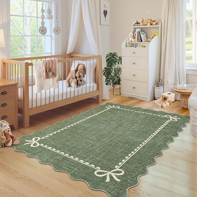 GarveeHome Scalloped Bow Rug 4x6 Washable Green Rug for Bedroom Living Room | Non Slip Soft Low Pile Indoor Carpet for Nursery Girls Bedroom Decor Hallway Kids Room College Dorm Playroom