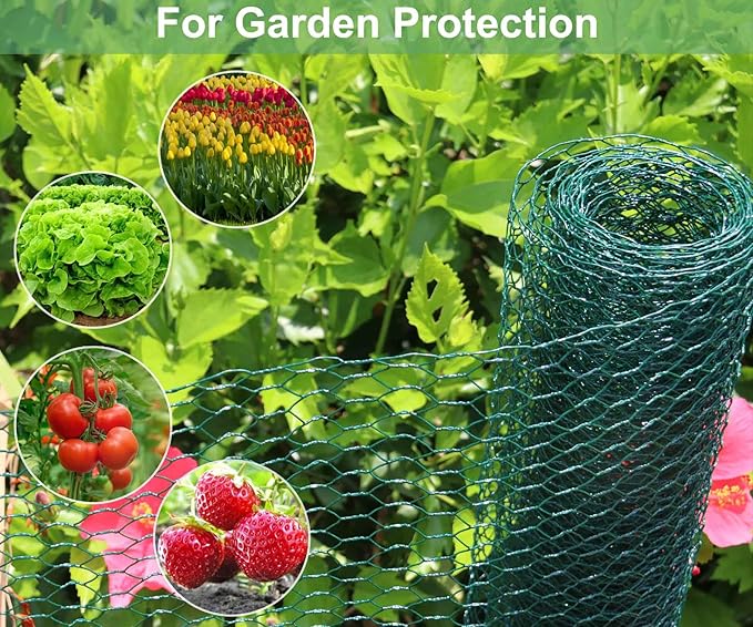 Mklsit Chicken Wire 15.7 x 315 Inches Chicken Wire Fencing Mesh Green PVC Coated Floral Chicken Wire for Crafts Poultry Garden, Hexagonal Galvanized Chicken Coop Rabbit Wire Fencing Netting