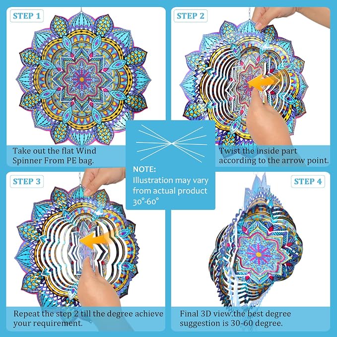 Wind Spinner Mandala Colorful Lily,12In Stainless Steel Wind Spinners Outdoor,3D Hanging Kinetic Sculptures,Yard Art Decorations,Garden Decor,Gifts for Women,Mother,Men,Father,Holidays