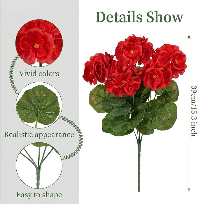 24 Pcs Artificial Geranium Flowers for Outdoor, UV Resistant Geraniums Artificial Flowers Realistic Faux Flowers Outdoor for Planters Outside Porch Garden Decor (15.3", Red)
