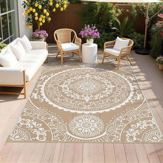 Pauwer Waterproof Outdoor Rug 6x9, Reversible Plastic Straw Patio Camping Rug, Indoor Outdoor RV Mat Carpet for Deck, Camper, Porch, Balcony, Backyard, Picnic, Paisley Brown
