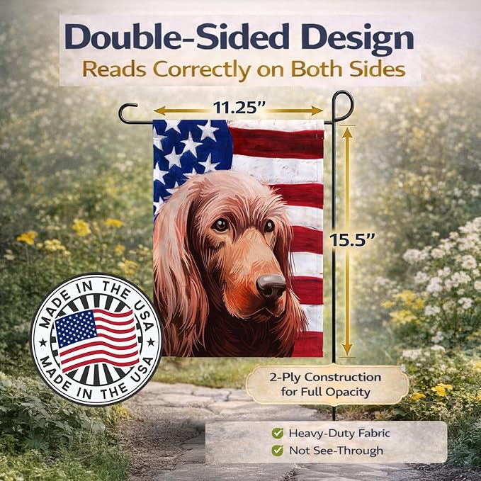 Caroline's Treasures CK6570GF Irish Setter Dog American Flag Garden Flag Mailbox Flag Decorative Yard Flag Banner Outside Patio Artwork Yard Flower Beds, Garden Size, Multicolor