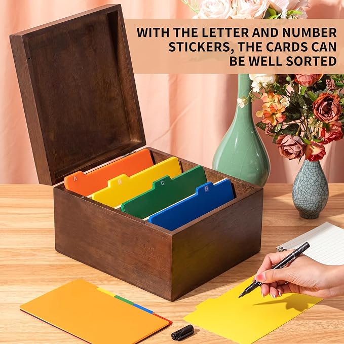 Henoyso 5 x 8 Inch Index Card Holder Set, Bamboo Index Cards Organizer, 50 Pcs Dividers 2 Sheets Alphabet Number Stickers File Note Holders for Office Business Classroom, Brown