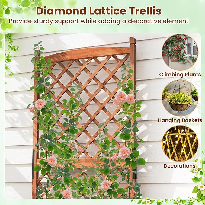 Giantex Raised Garden Bed with Trellis Set of 2, 60” Wooden Planter Container w/Drainage Holes, High Trellis for Plant Flower Climbing Pot Hanging, Indoor Outdoor Planter Box for Yard Garden Balcony