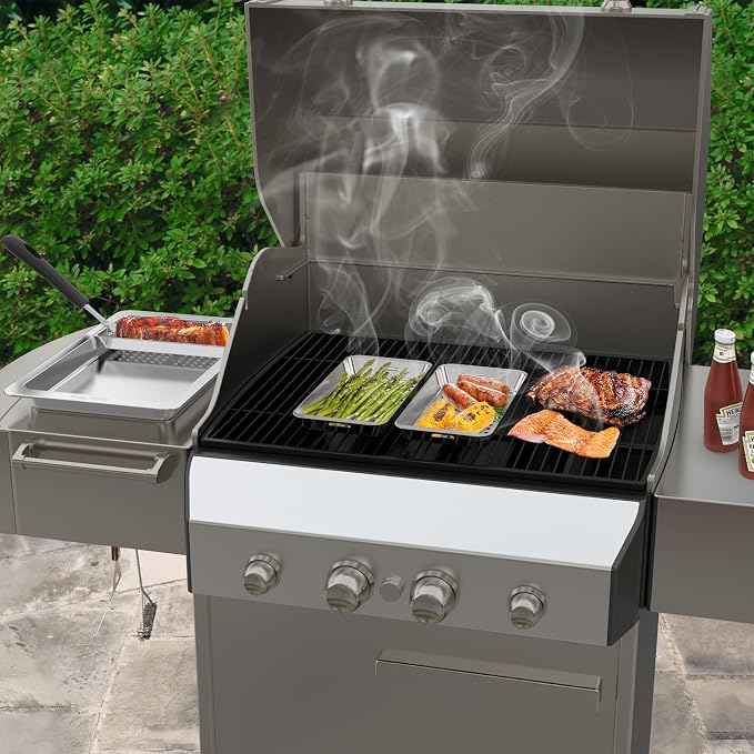 Onlyfire Grill Basket Set, 5PCS Stainless Steel Grill Pan - Include 3 Grilling Baskets, a Serving Tray and Removable Handle, Great for Grilling Fish, Meat, Veggies